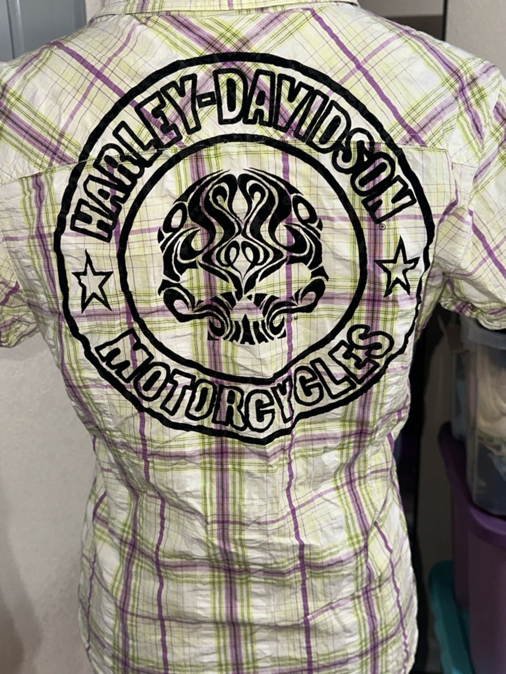 Harley-Davidson Light Green and Purple Plaid Short-Sleeve Button-Up Shirt